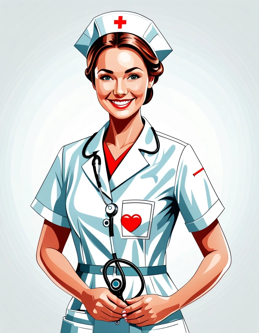 Professional vector graphics on a pristine white background. Nurse smiling, pressure measurement, heart health. — работа пользователя Радужный Чародей