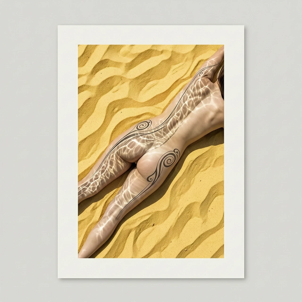 A vertical minimalist digital art print, high-angle view. A beautiful transparent sea water wave forms a clear, perfect silhouette of a woman's body, hip, and waist lying on…