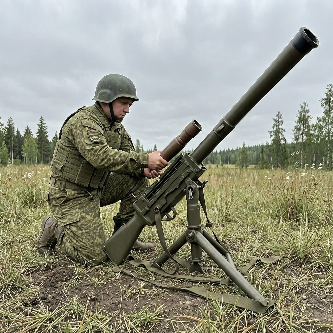 Боец русский в шлеме на поляне засовывает 120 мм. мину в ствол большого миномёта 120-мм возимый миномёт 2Б11 — работа пользователя Ледяной Феномен