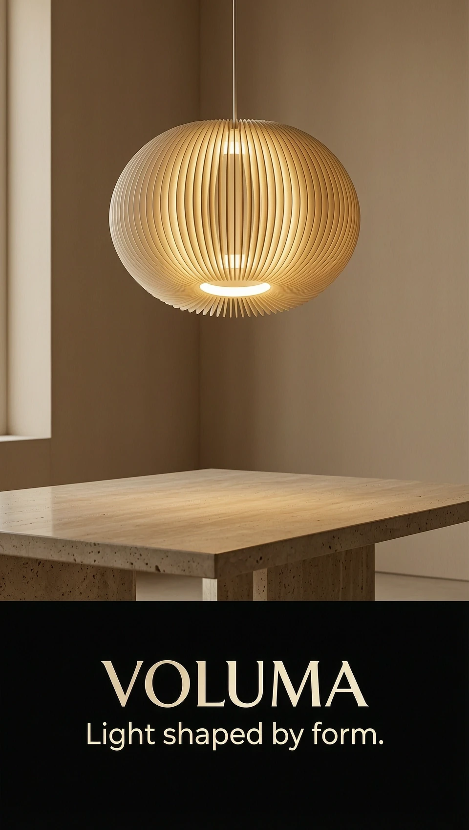 Create a cinematic luxury product video for Instagram Reels, vertical 9:16 format. A premium pendant lamp called VOLUMA RIBBED DISC floating in a warm minimalist interior. The…