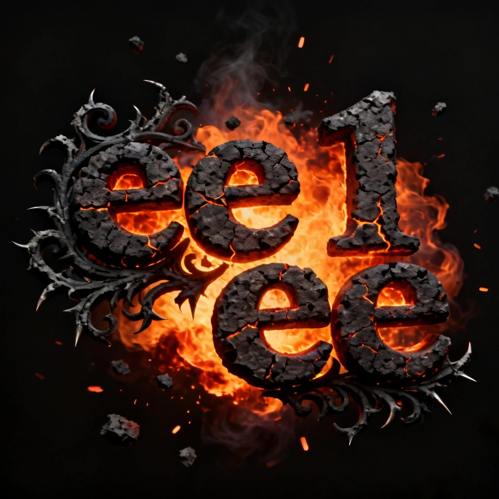 Cinematic smoldering charcoal and glowing ember title text in Russian: "ее 1 ее" with intricate gothic-inspired ash-covered curlicues and sharp, crackling charcoal…