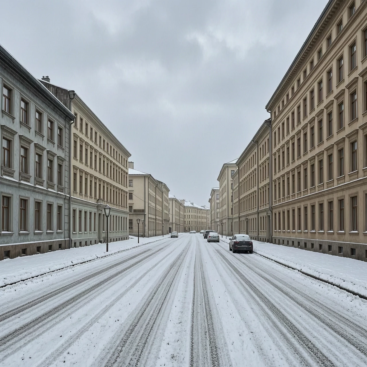 Equirectangular panorama, winter city street, snowy road, buildings, overcast sky, photorealistic — работа пользователя Неповторимый Кристал
