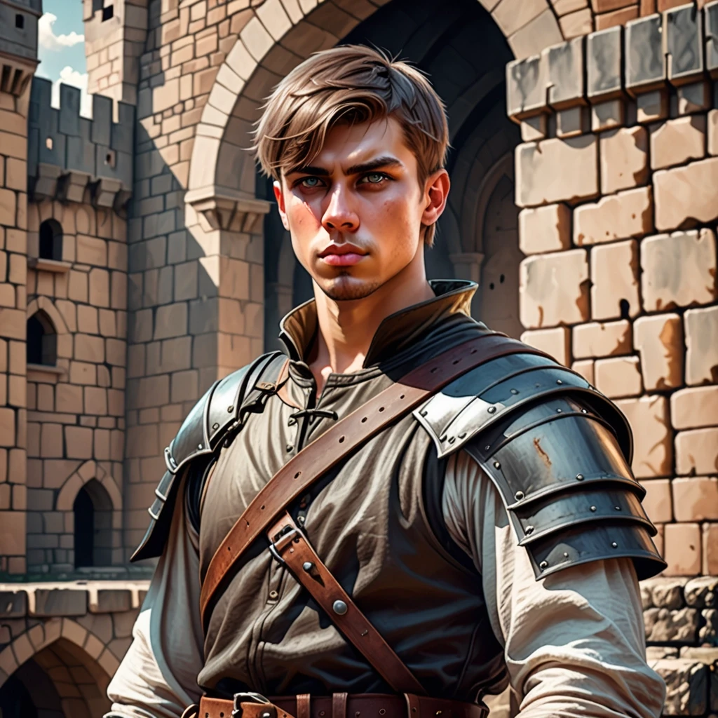 Fantasy illustration: a handsome young man with short hair and sad eyes, dressed as a mercenary, set against the backdrop of a medieval fortress. — работа пользователя Пряный…