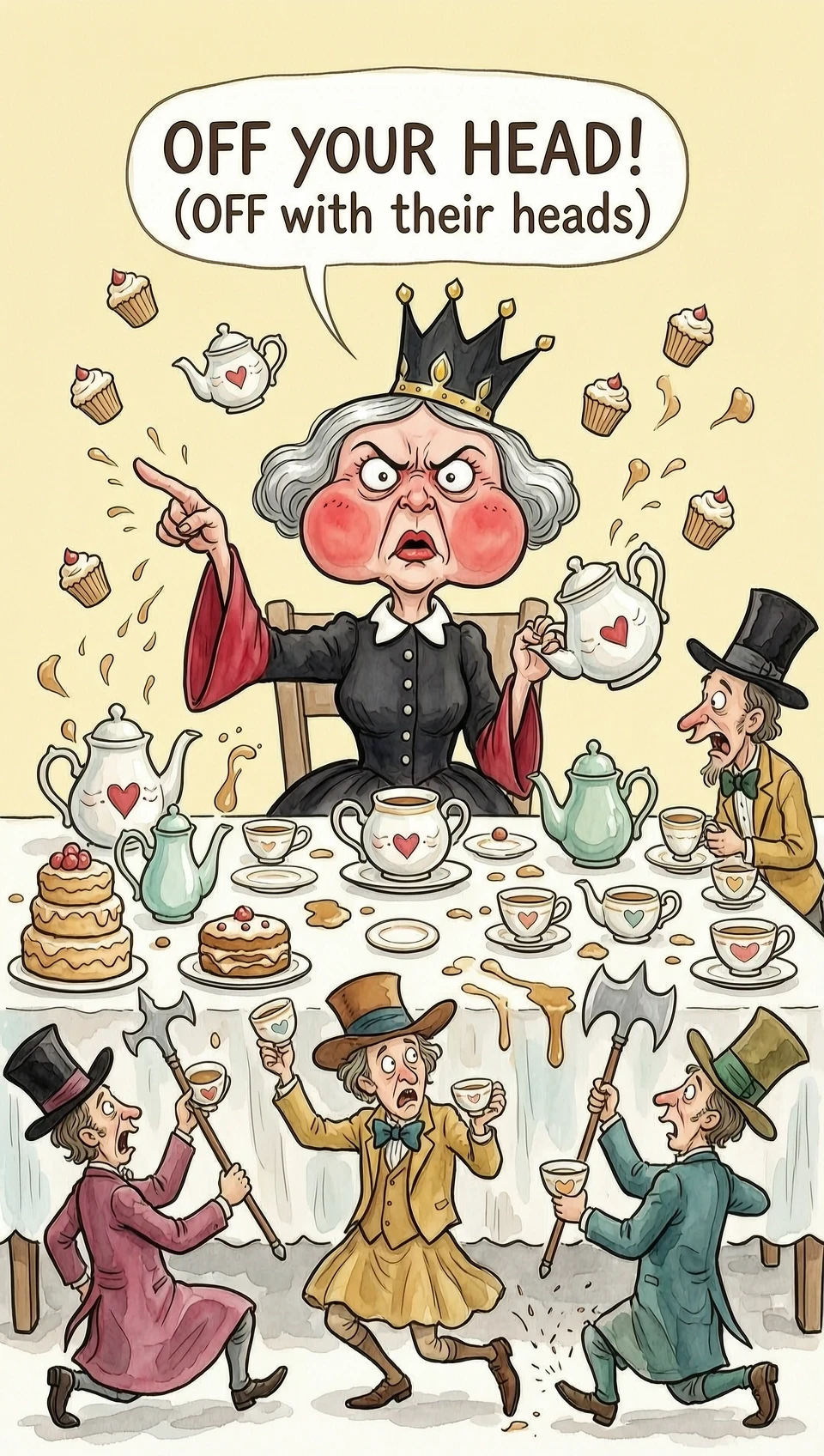 (masterpiece:1.8, acrylic painting:1.5, best quality:1.6, ultra-detailed:1.6). A bizarre and funny image (of the Queen of Hearts), who, sitting at a crazy tea table, angrily…