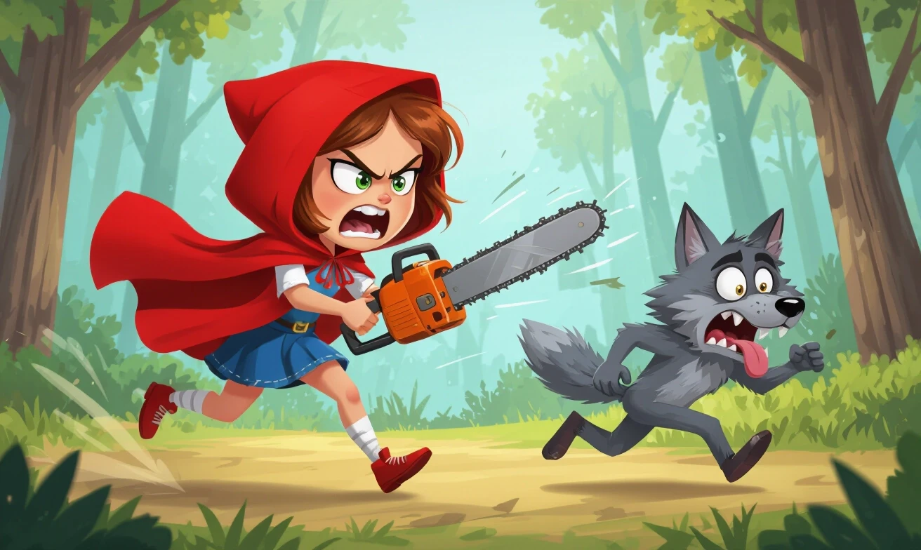 Humorous cartoon caricature style, Little Red Riding Hood with angry furious expression, wearing classic red hooded cloak, running aggressively and chasing the Big Bad Grey…