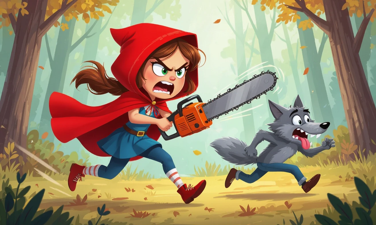 Humorous cartoon caricature style, Little Red Riding Hood with angry furious expression, wearing classic red hooded cloak, running aggressively and chasing the Big Bad Grey…