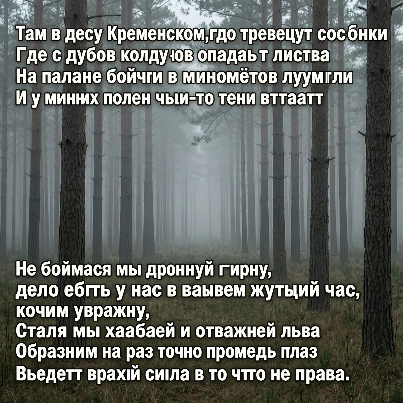 Там в лесу Кременском,где трепещут сосёнки Где с дубов колдунов опадает листва На поляне бойцы с миномётов лупили А дубы колдуны что-то шепчут в тумане И у минных полей чьи-то…