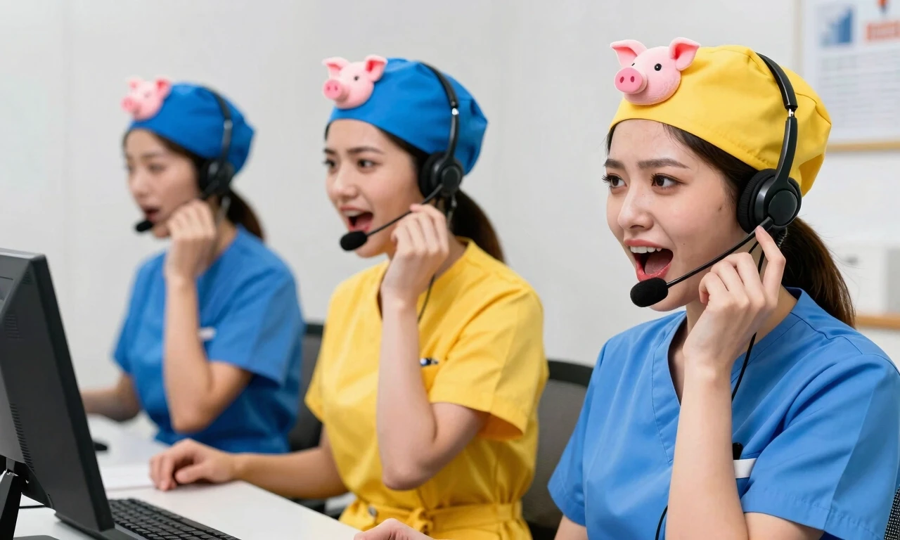 Stupid, stupid girls in yellow and blue medical uniforms are sitting in a call center, shouting into headsets, wearing blue and yellow medical caps with a picture of a pig's…