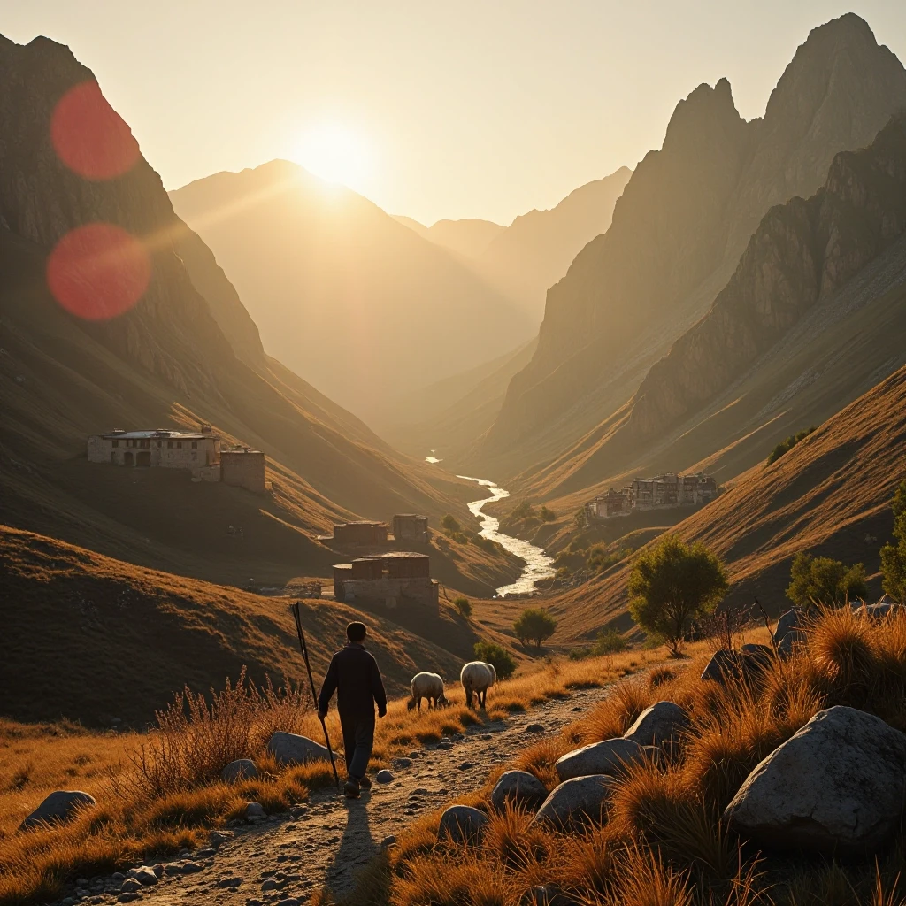 Cinematic wide-angle shot of Zafarobod mountain village at sunrise. Dramatic golden light breaking over jagged peaks, long shadows across the valley. Traditional stone houses…