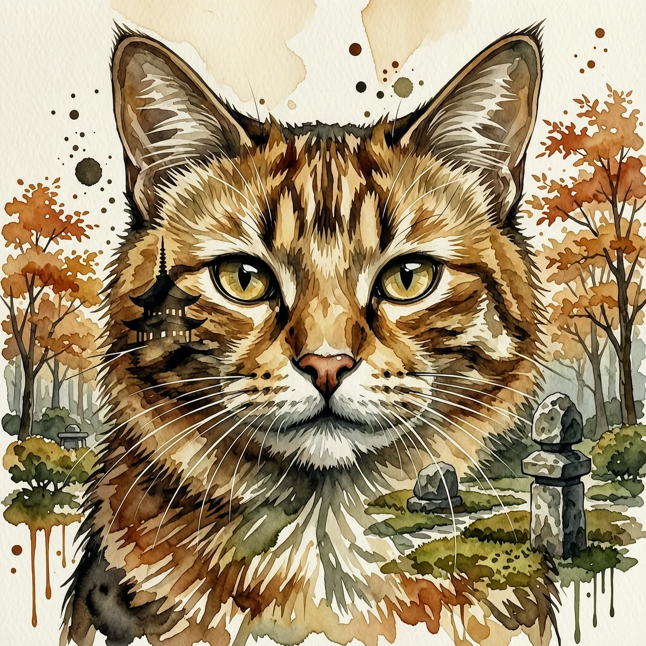 A masterpiece watercolor painting with a double exposure effect. (Portrait of a fabulously beautiful cat:1.8) seamlessly merged with an old autumn Japanese landscape. The…