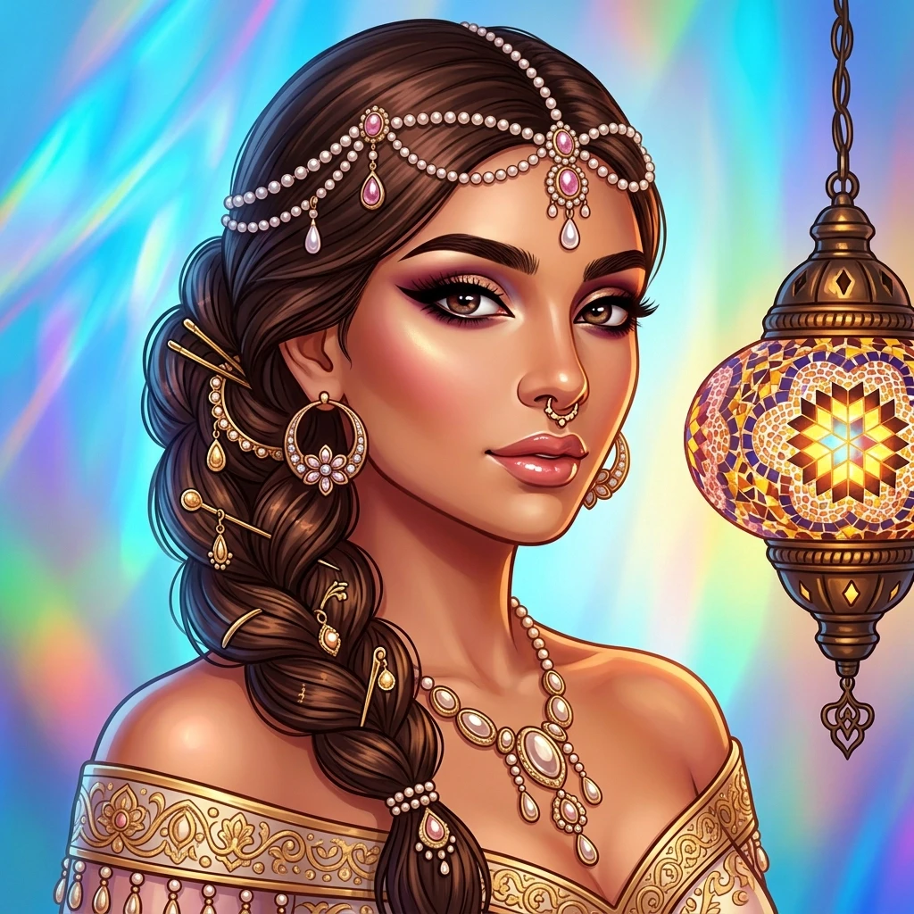 The picture shows a woman in an oriental style, made using digital illustration techniques. Description of the character. Clothes. She is wearing an off-the-shoulder dress…