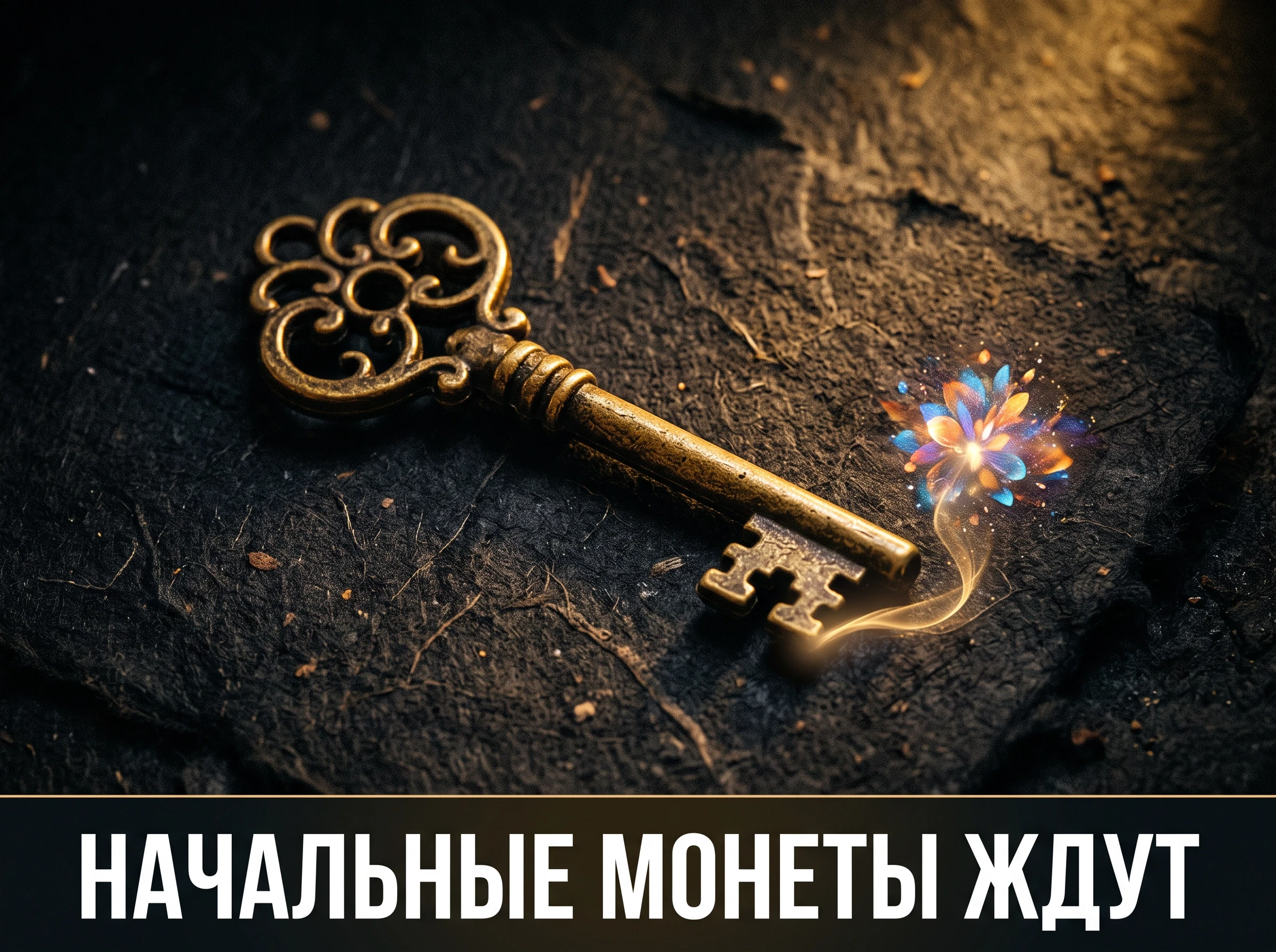 A macro photograph of an ornate brass key lying on dark textured paper, warm side light. From the key's teeth a delicate ribbon of golden light unfurls and blooms into a…