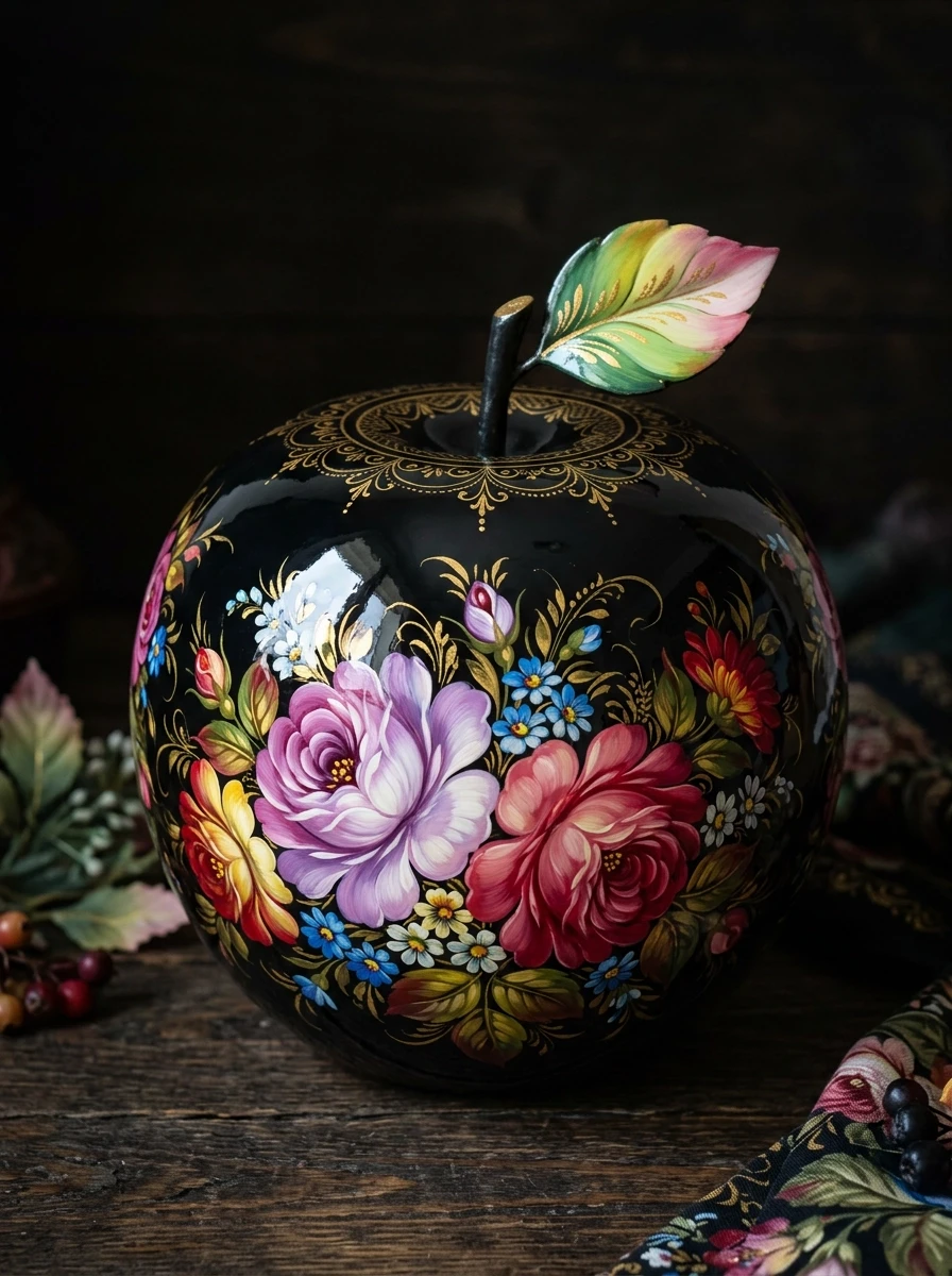 An unusual apple. Big, black, glossy. With a gloss, as if covered with black lacquer. The apple is decorated with floral patterns in the style of Zhostovo painting: bright large…