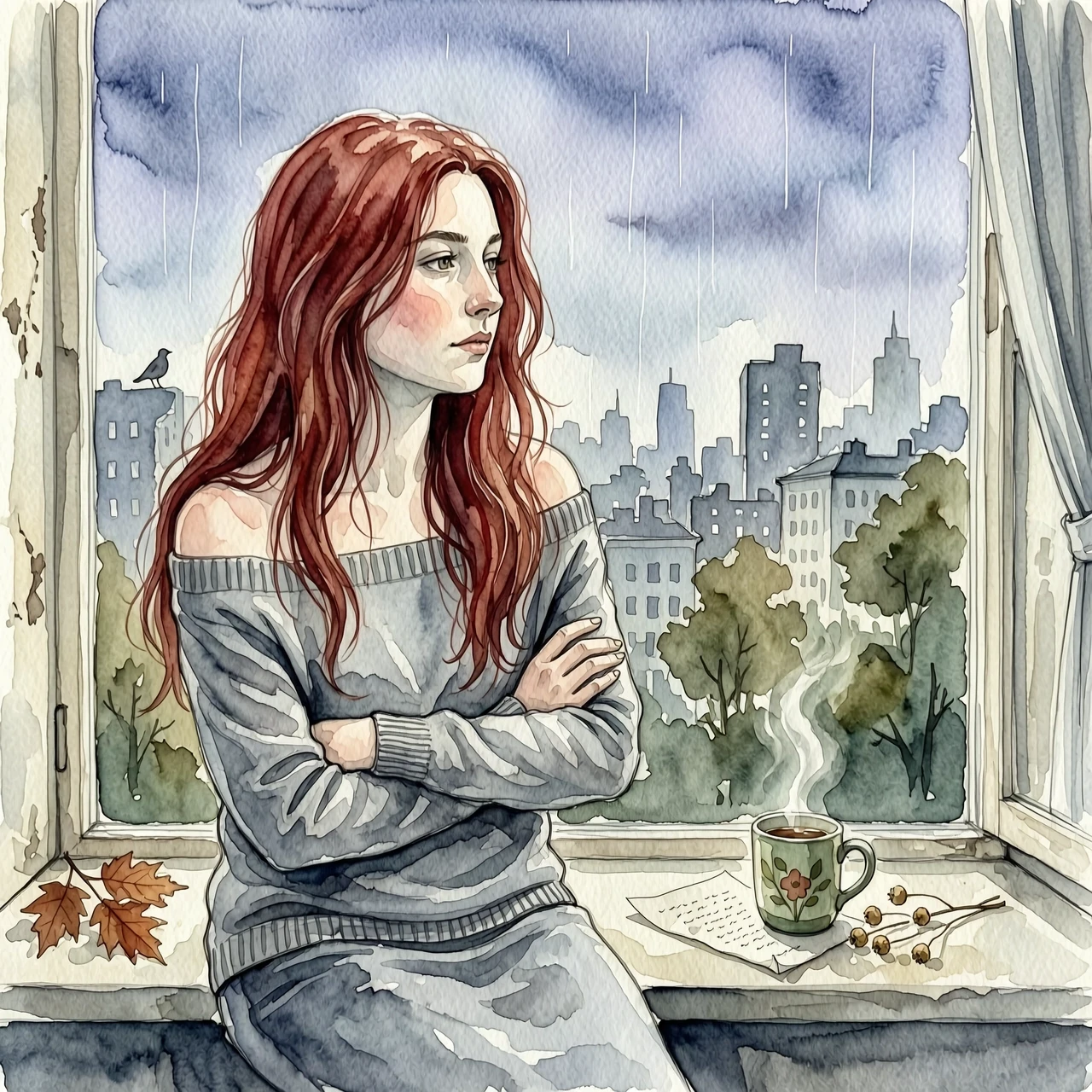 The image is a portrait of a young woman with long red hair. She is sitting on a window sill, looking out with a thoughtful expression on her face. The woman is wearing a gray…