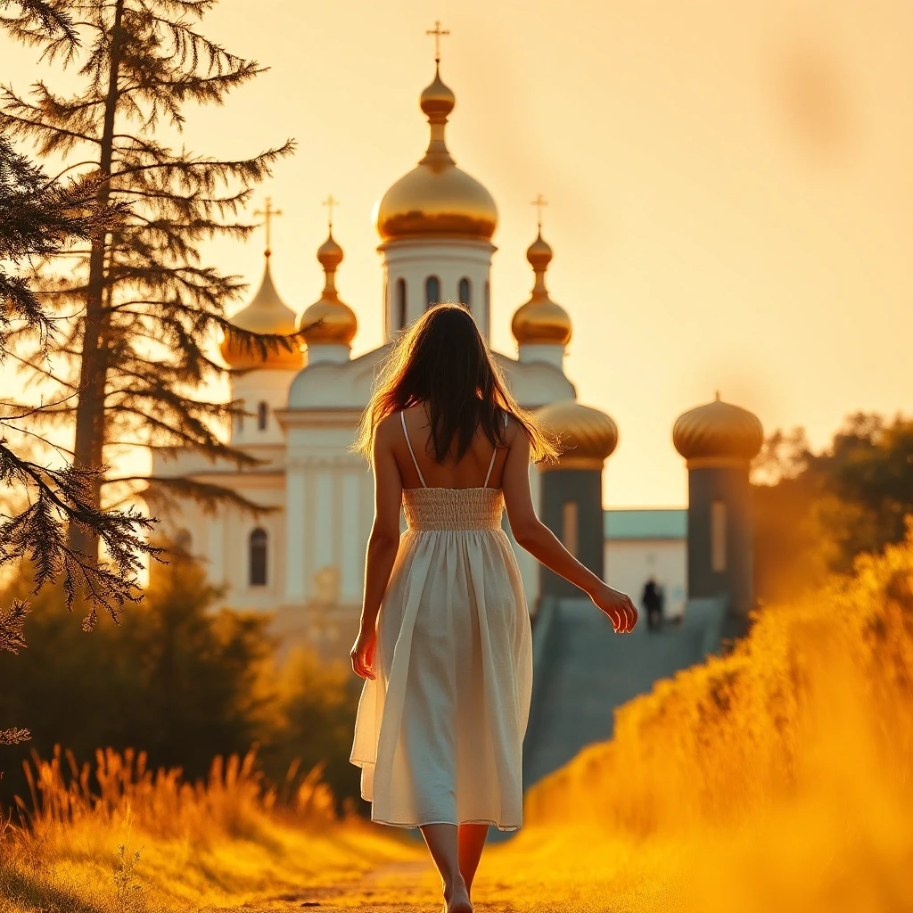A beautiful woman walking toward a majestic Orthodox church, her figure softly illuminated by warm golden light. She wears a light summer dress, moving gracefully forward. The…