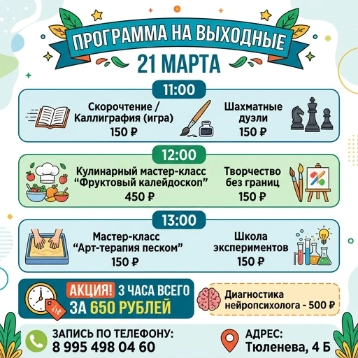 Сделать программу выходного дня на русском языке. 21 МАРТА 11.00 Скорочтение / игра в каллиграфию- 150 рублей Шахматные поединки - 150 рублей 12:00 Кулинарный МК «Фруктовый…