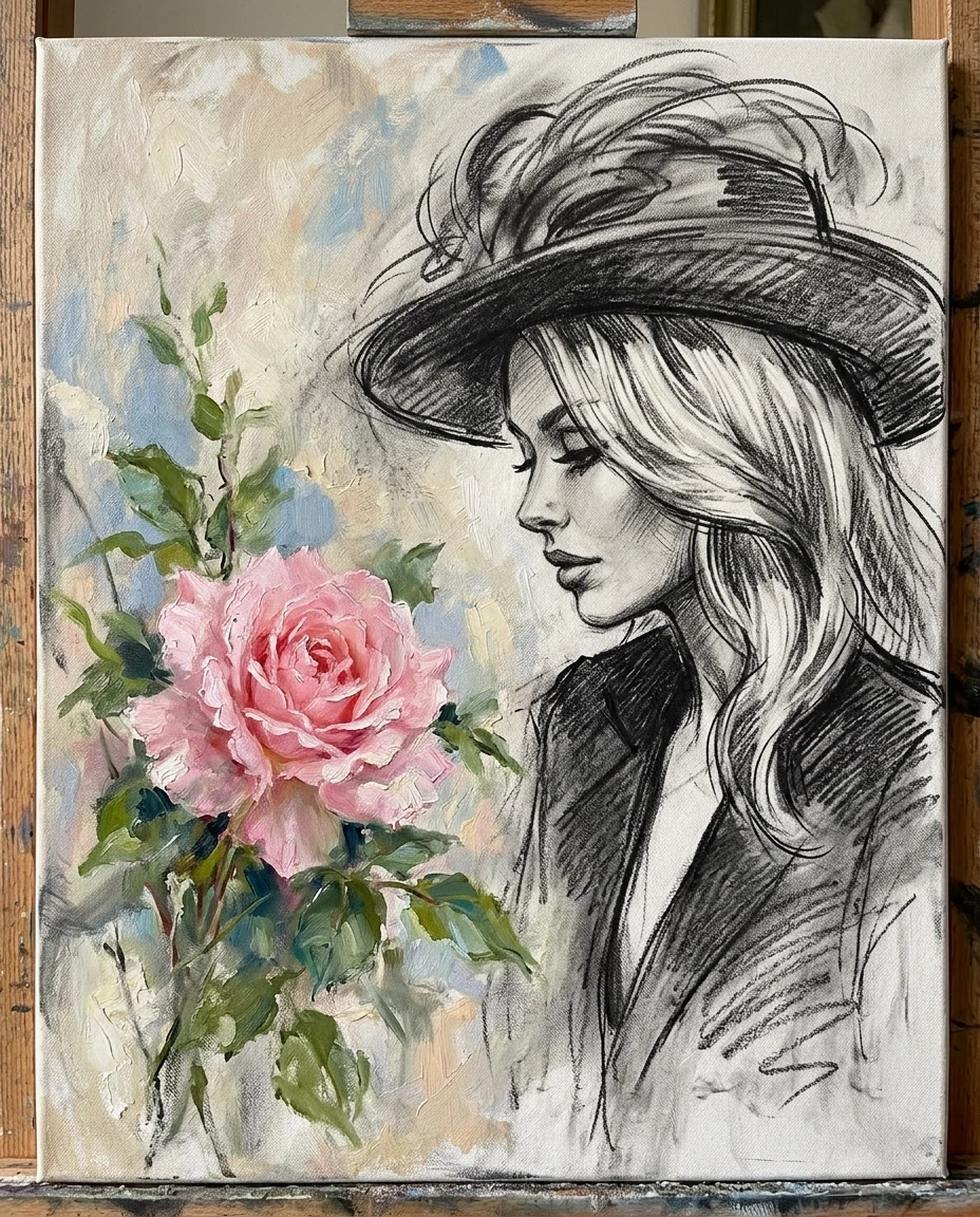 A real masterpiece. How artificial intelligence would depict: ((Aesthetics: Impressionism. An image of a delicate pink rose, made in pastel technique, and next to it sits a…