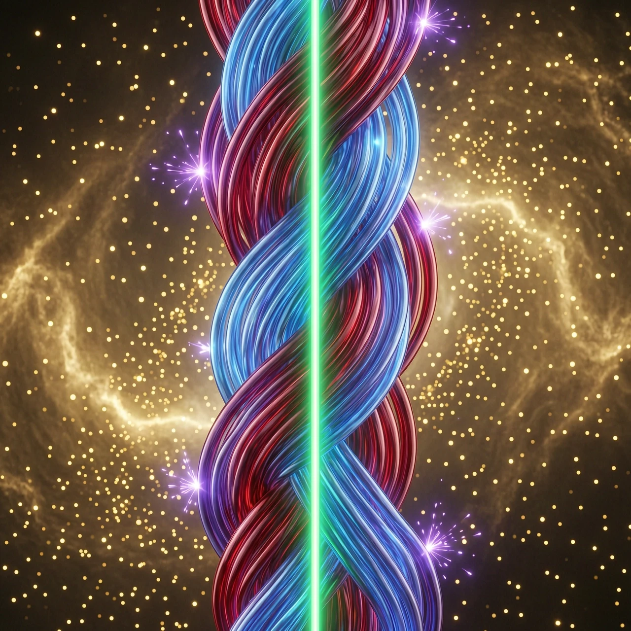 A stunning 3D render of a thick, wide braid in ancient Slavic style, positioned vertically in a cosmic space. The braid is sculpted from smooth, flowing, fluid lines of energy…