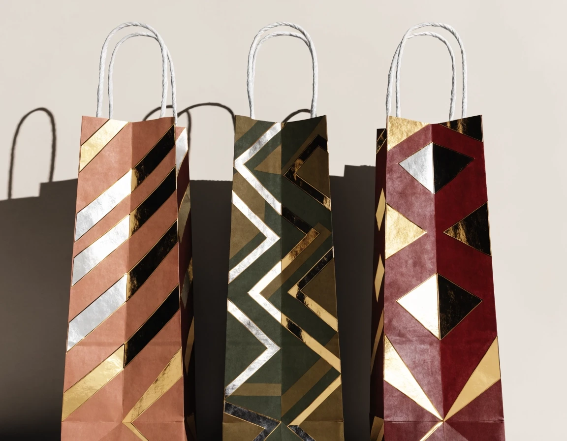 Three premium paper shopping bags standing side by side on a stark, matte light beige background with no gradient, white twisted rope handles, photorealistic product photography…