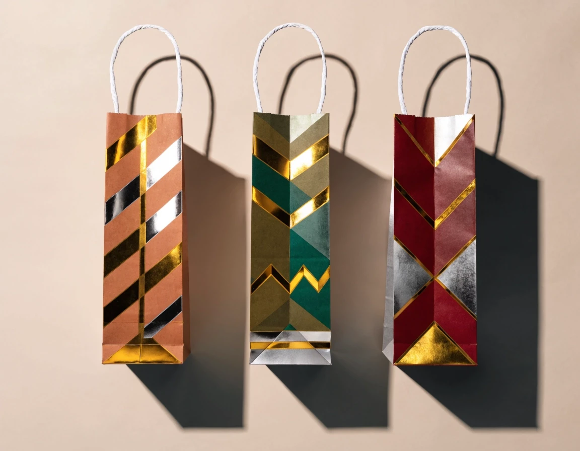 Three premium paper shopping bags standing side by side on a stark, matte light beige background with no gradient, white twisted rope handles, photorealistic product photography…