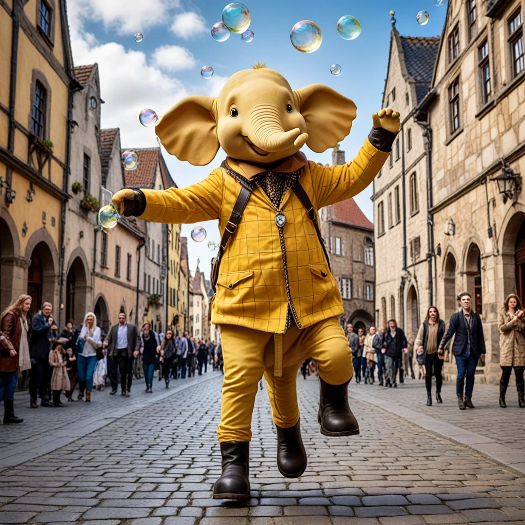 A huge yellow checkered elephant with leather wings is joyfully jumping on the stone pavement in black boots, surrounded by floppy-eared creatures in pointed hats blowing soap…