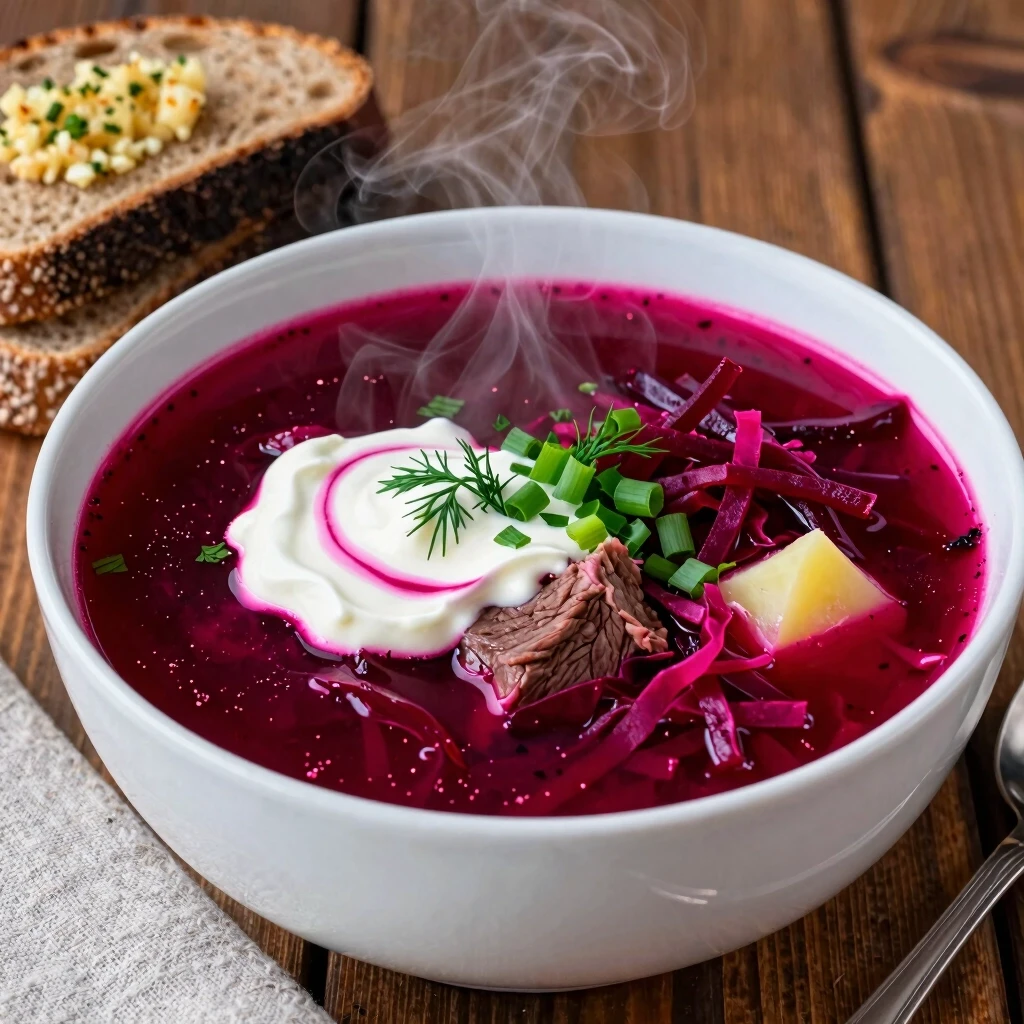 Delicious ruby-red borscht in a deep white bowl, 45-degree angle shot, thick rich broth, a spoonful of rustic sour cream melting into ruby swirls, finely chopped dill and…