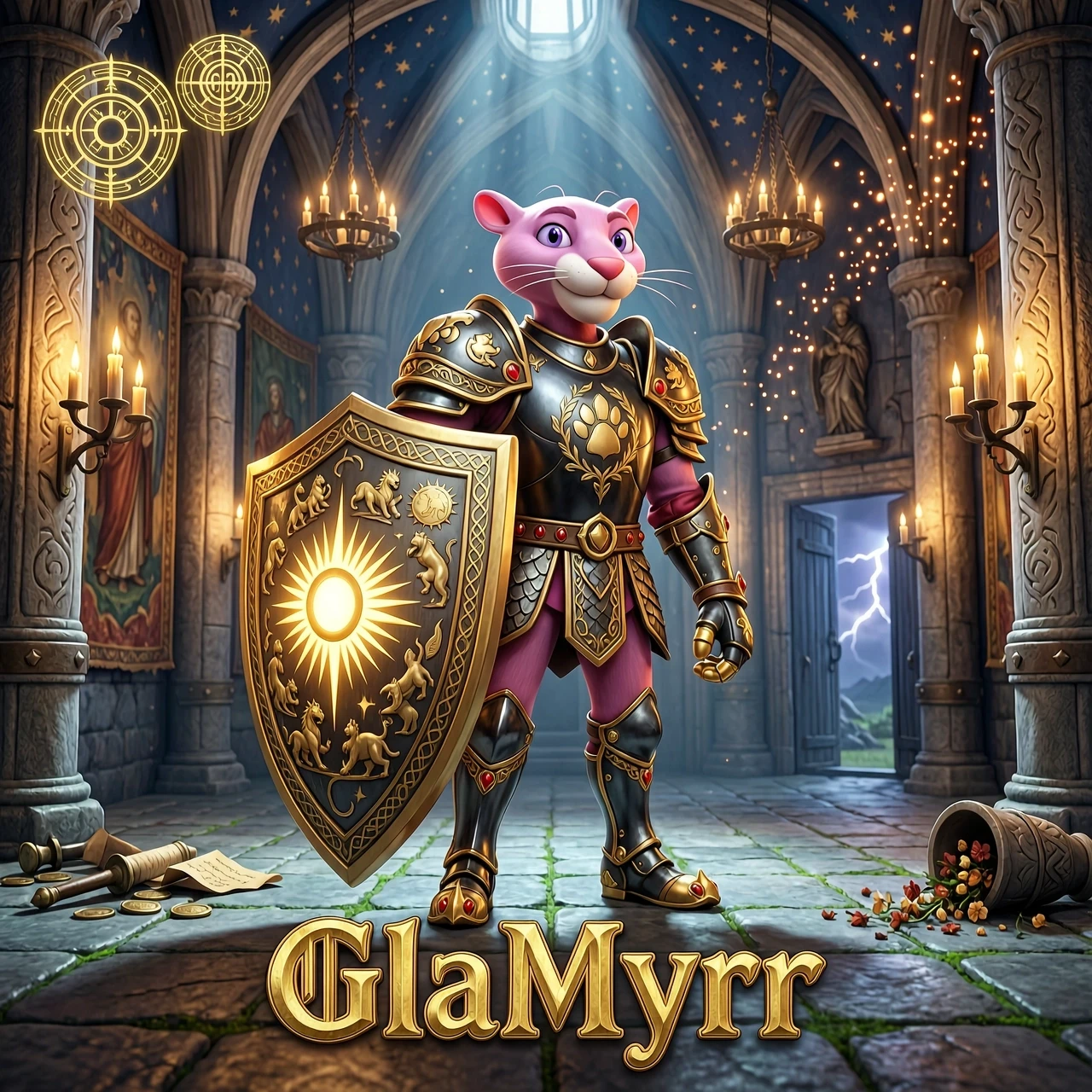 Pink Panther character in a stylized, heroic 3D render, cinematic animation style inspired by modern high-end video games. The Pink Panther stands in a powerful, majestic pose,…