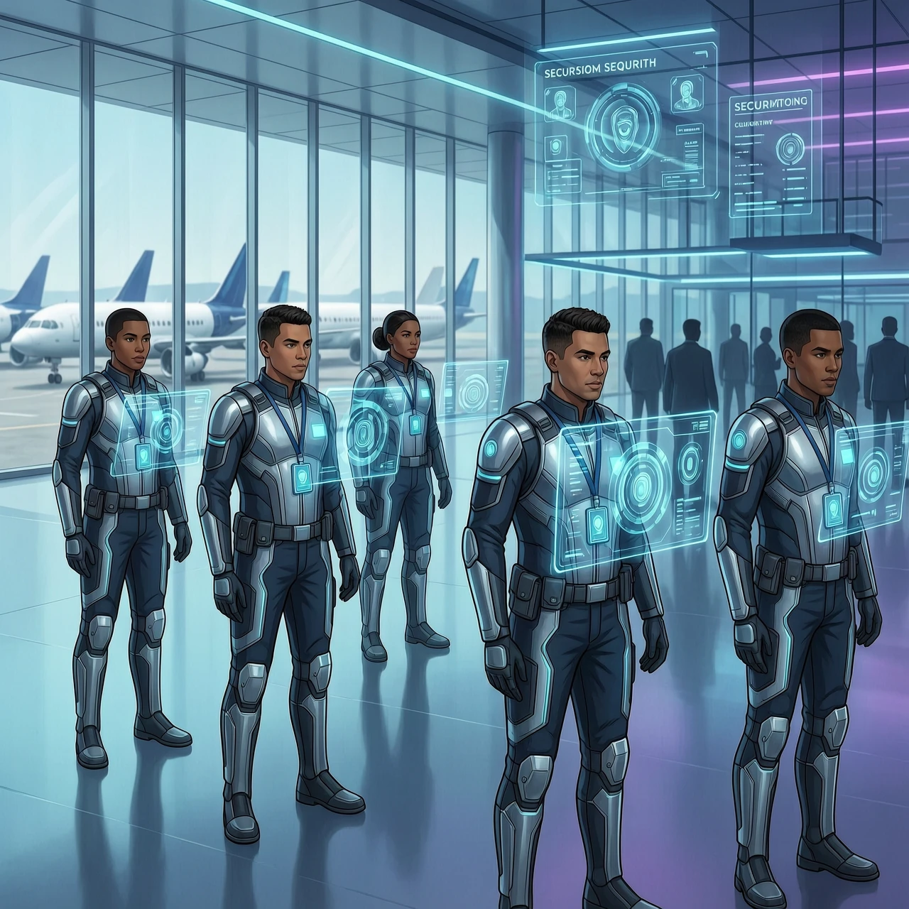 Digital professional transport security certification process for airport personnel, modern futuristic style. A diverse group of focused security officers in sleek, high-tech…