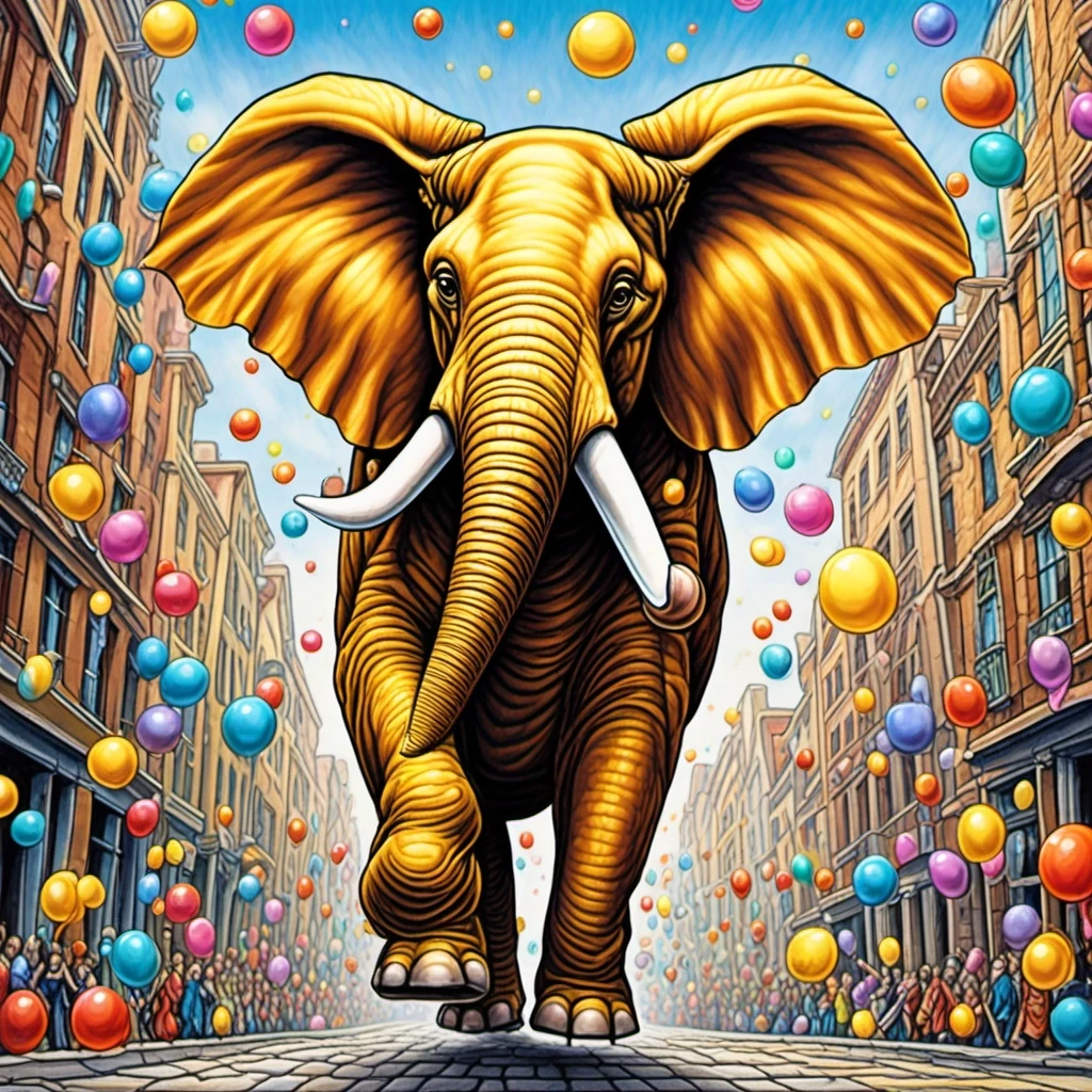 A huge yellow checkered elephant with leather wings is joyfully jumping on the stone pavement in black boots, surrounded by floppy-eared creatures in pointed hats blowing soap…