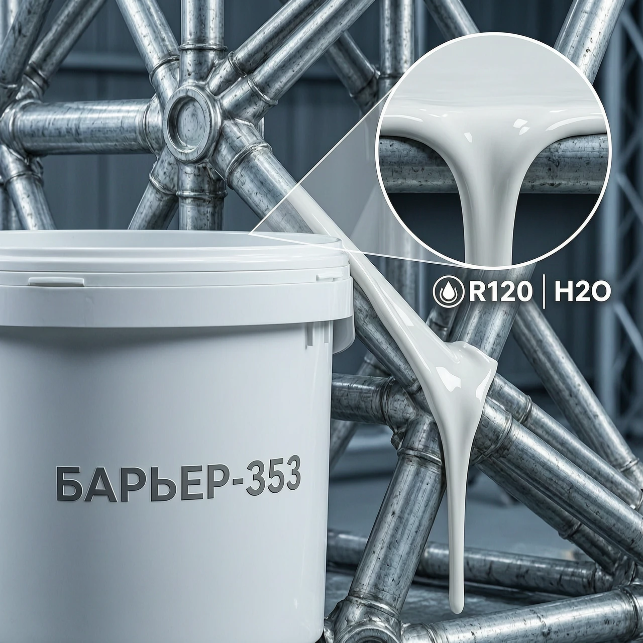 Extreme close-up, macro photography of a professional industrial setting. A sleek, white high-density plastic bucket with a minimalist, high-tech embossed logo reading…