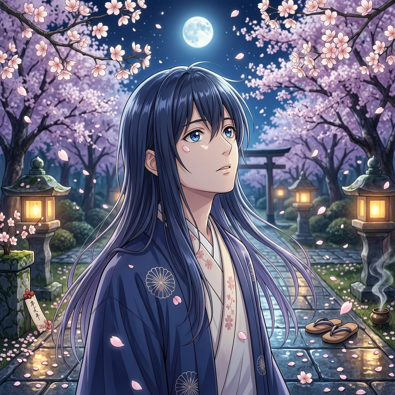 High-quality anime portrait of a handsome young male character with flowing, waist-length silky hair, intricate hair strands, expressive eyes with detailed irises, soft facial…