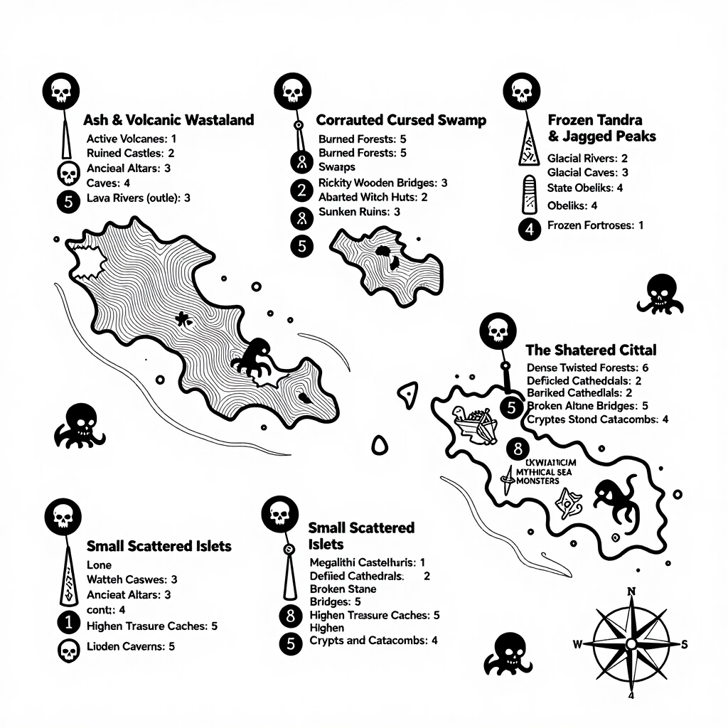 2D top-down vintage nautical map for laser engraving, ultra-thin black outlines on a pure white background, no fills, no shading, clean line art. Grim dark fantasy style…