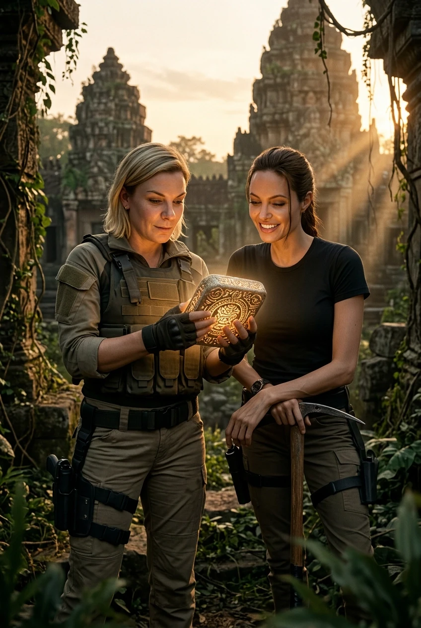 Cinematic film still, hyper-realistic photography. A side-by-side composition featuring a woman and Angelina Jolie as Lara Croft. The woman is dressed as a professional relic…