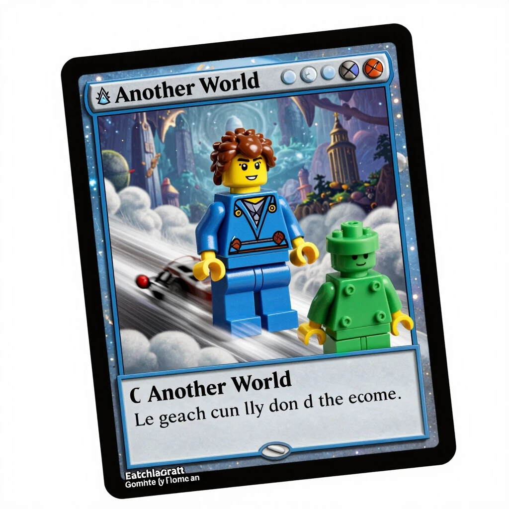 "Another World" is a card account. A car speeds through the clouds. The Lego model depicts a green man. The image is from a card game called MAGIC. The card depicts a…