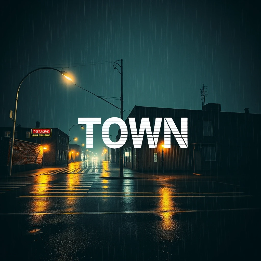 Album cover for a phonk track titled "Town", 1024x1024 pixels. Cinematic view of a menacing Eastern European or American industrial city skyline at 3 AM under heavy…