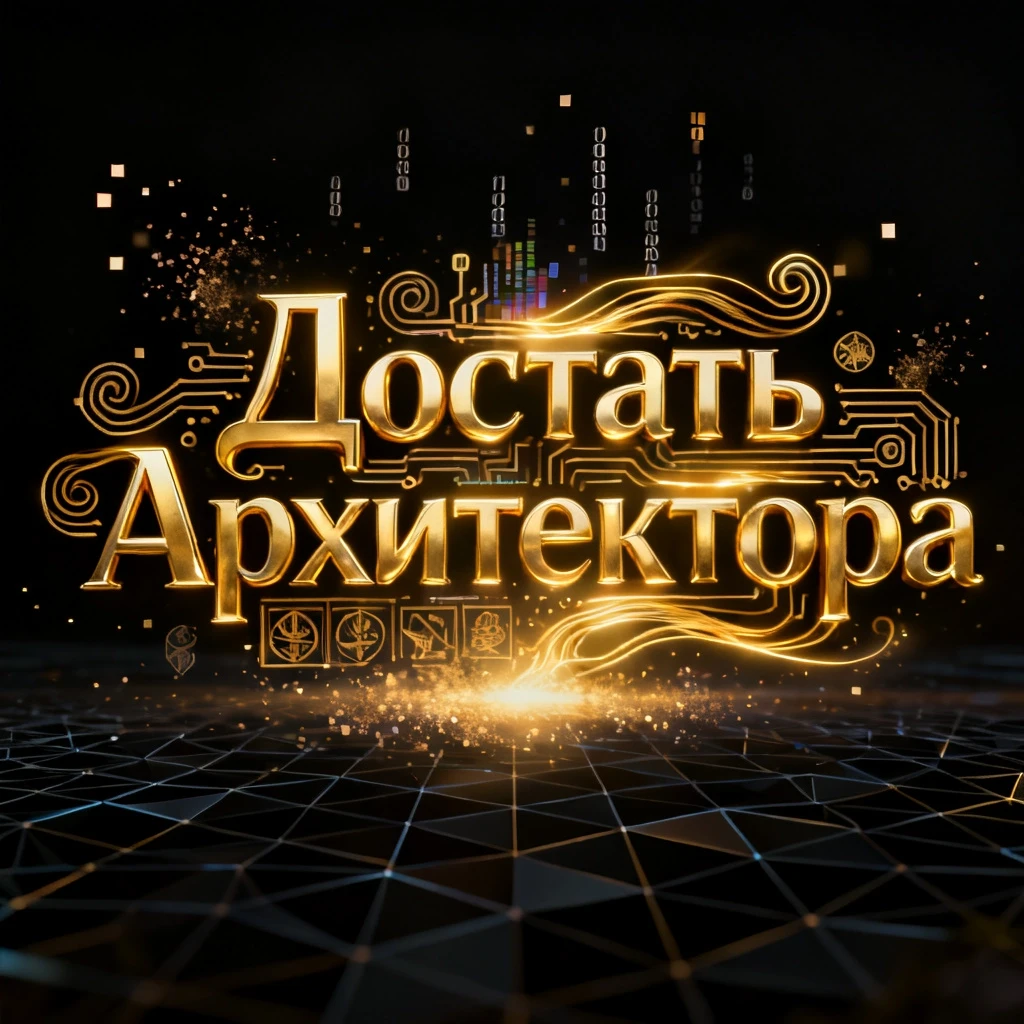 Cinematic glowing golden title text in Russian: "Достать Архитектора" with circuit-board curlicues and holographic glitch effects, sleek metallic gold letters formed…