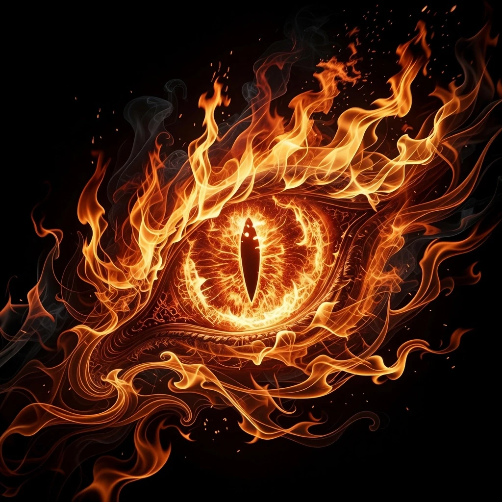 The Fiery Eye The picture shows flames in the shape of a dragon's pupil dancing on a black background. They resemble an explosion of energy, glowing in bright yellow and…