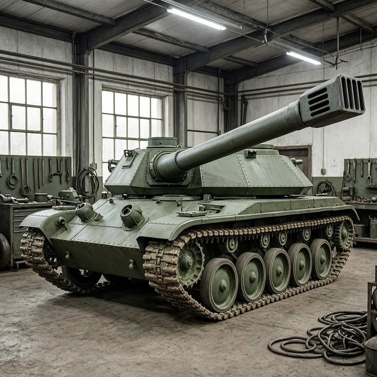 Military historical photo of a Soviet experimental tank destroyer from 1950s. The chassis is a modified low-profile T-44 tank hull but with the engine in the front. A massive,…