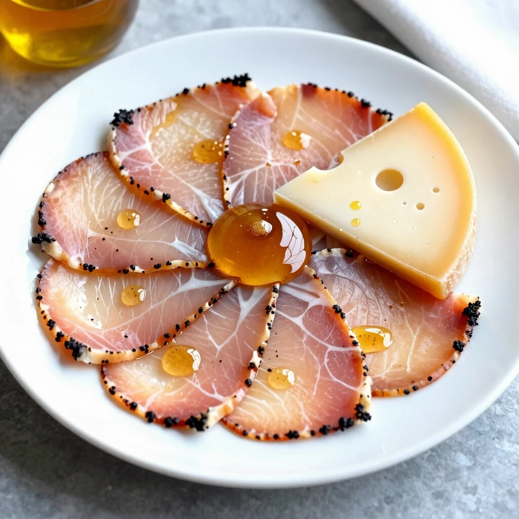 scetch of sliced carpaccho and cheese with honey on a plate — работа пользователя Роскошный Порыв