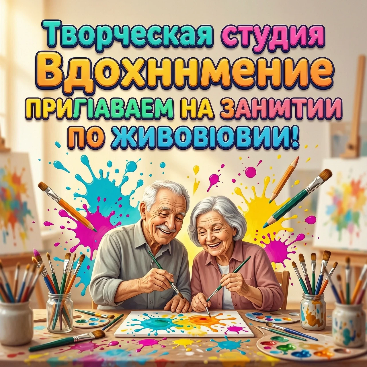Graphic design poster for a creative studio. At the top, large, bold, playful, and vibrant 3D typography reads: "Творческая студия Вдохновение ПРИГЛАШАЕМ НА ЗАНЯТИЯ ПО…