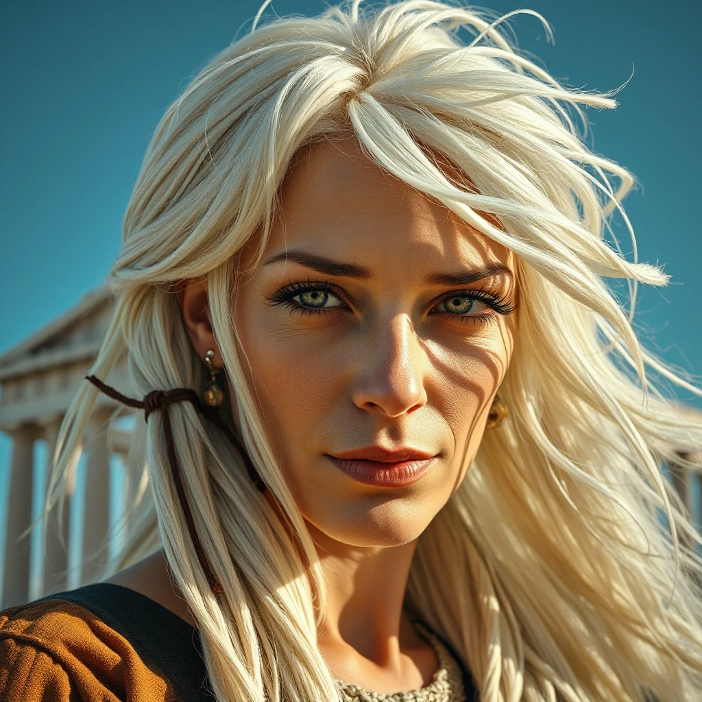 designed by Kurt Busiek, Pascale Campion, reeds and roots, close up of a Cool Old thin Persian (Female Swashbuckler:1.3) , her hair is White, Ultrarealistic The Parthenon in…