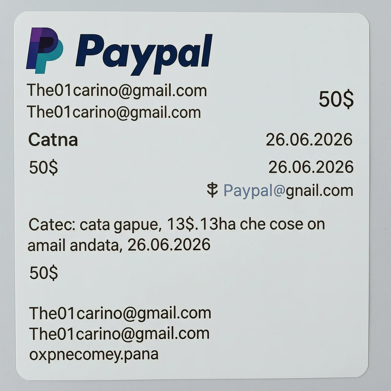Скриншот счета Paypal по адресу The01carino@gmail.com на сумму 50$ дата 26.06.2026 — работа пользователя Неповторимый Кристалл
