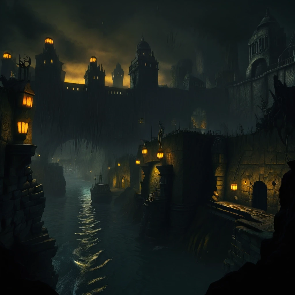 A view from the sea of a gloomy fantasy port in a dark fantasy setting. Stone walls enclose the city; beyond the city lies a gloomy forest; yellowish lanterns are burning in the…