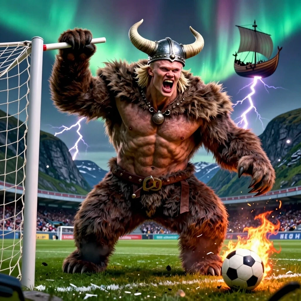 Hyper-exaggerated, grotesque caricature of Erling Haaland, instantly recognizable by his towering frame, fierce blond mane, and aggressive goal-scoring stance. His body is a…