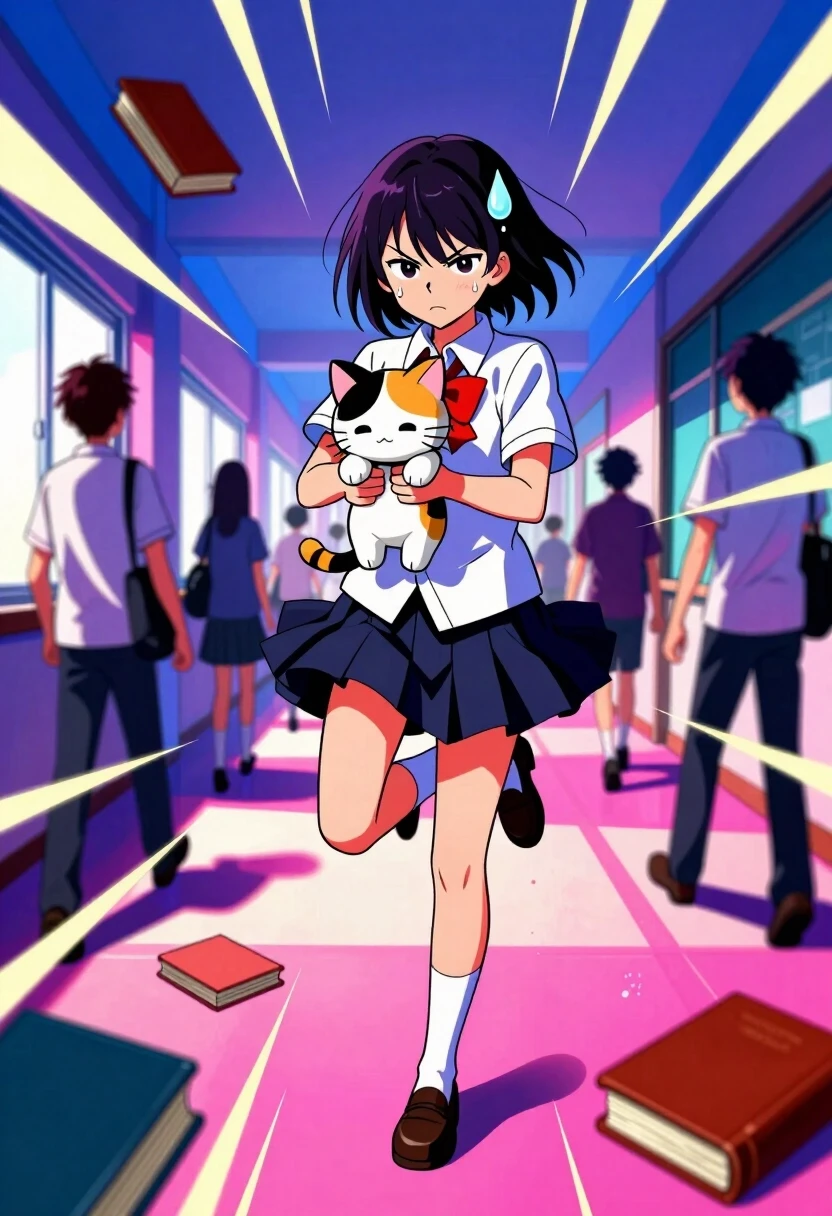 Anime style, shonen aesthetic, bold linework, cel shading, vibrant saturated colors, high contrast. A teenage student in a school uniform stands in the middle of a chaotic…