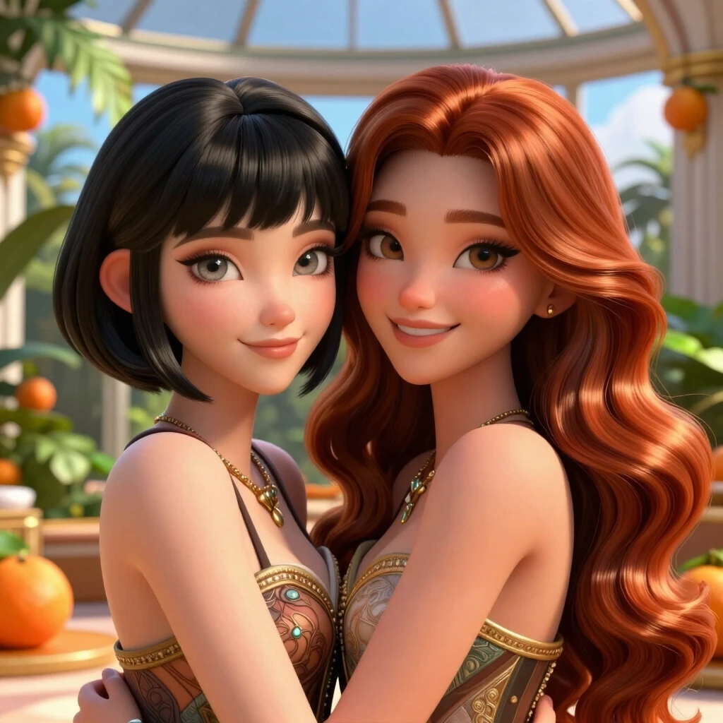Шедевр цифровой графики, детальный 3D-рендер в стиле Unreal Engine 5. Две невероятно красивые, утонченные молодые женщины с изящными фарфоровыми лицами и безупречным макияжем.…