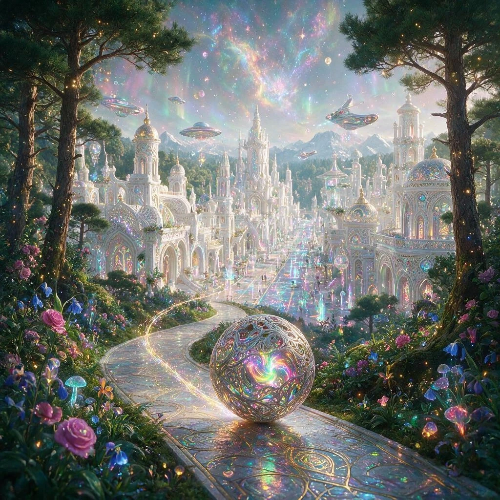 Background: a winding path leading from the forest to a white city. In the middle and far distance, a street in a futuristic ornamental white city with a (thrilling triphobic)…