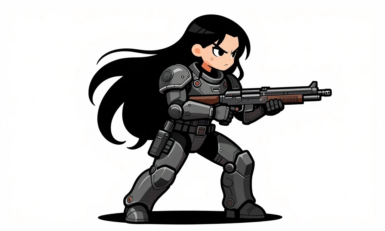 Side view. Side view. Chibi. Drawn. Flat drawing, comic book style, grotesque, thick black outline, very deep black shadows, in the style of the game "Darkest…