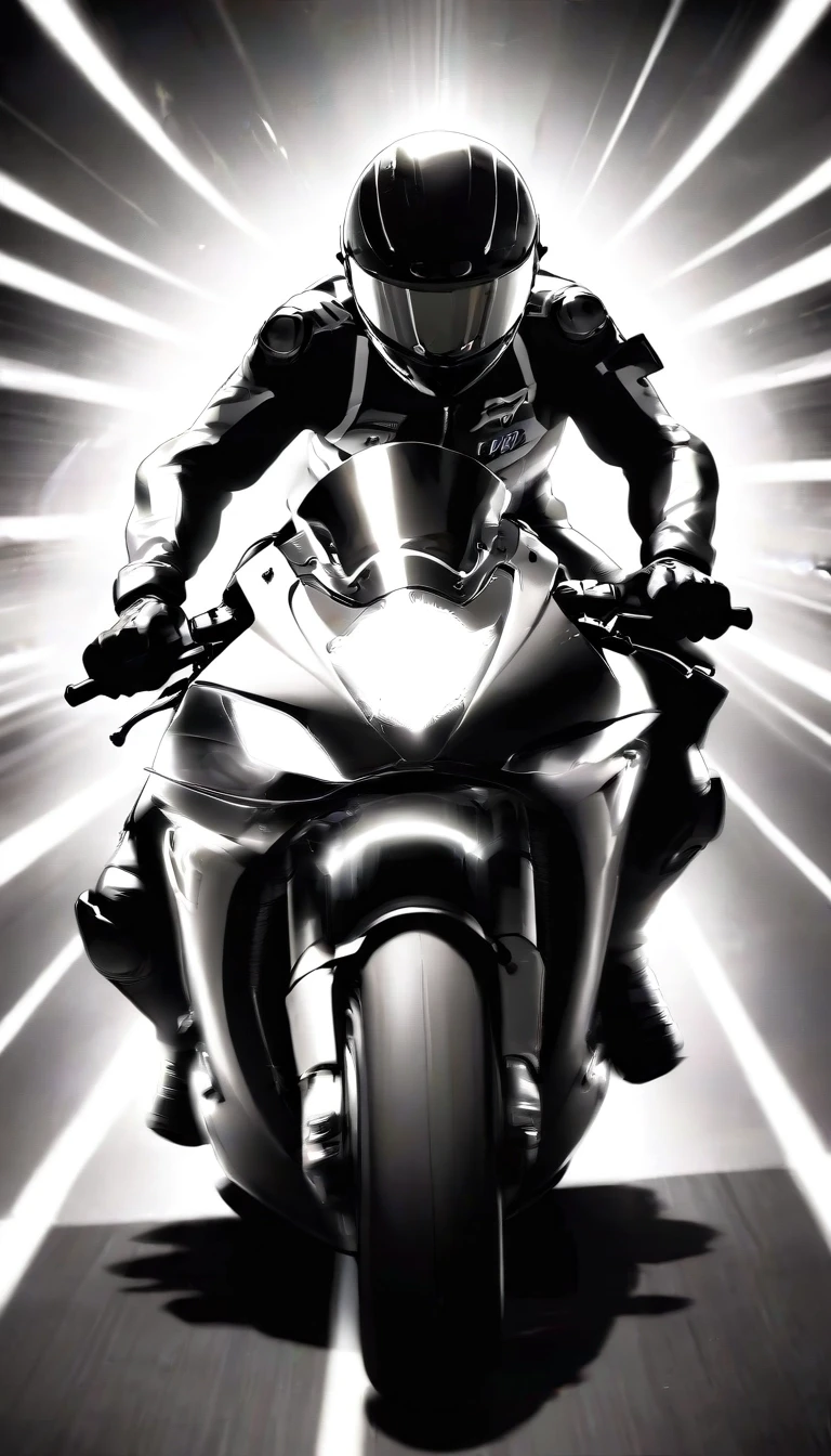 A striking black-and-white, high-speed shot of a motorcyclist on a racetrack; superimposed at the top of the frame is a large, glowing speedometer showing ascending…