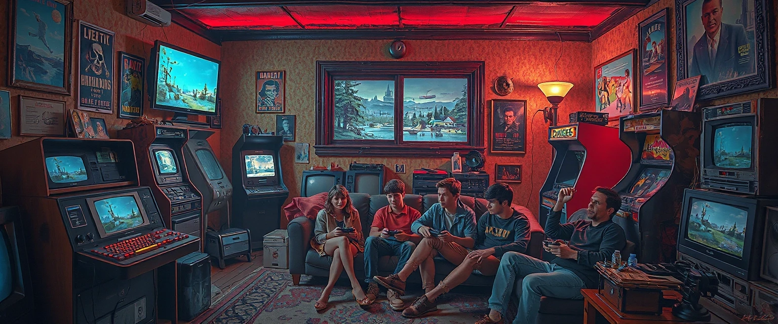 A cozy and vibrant wide illustration of a group of friends gaming together on a couch, surrounded by retro consoles, arcade machines, posters, and glowing monitors. Warm ambient…